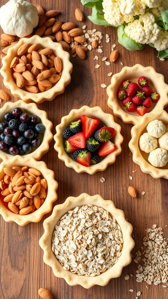 A variety of healthy pie crusts made from nuts, vegetables, and oats, filled with colorful fillings on a wooden table.